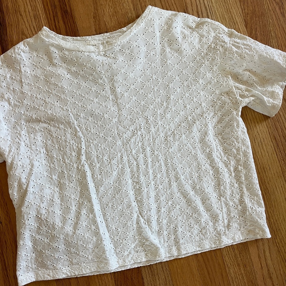 Mango White Eyelet Short Sleeve Cotton Top
